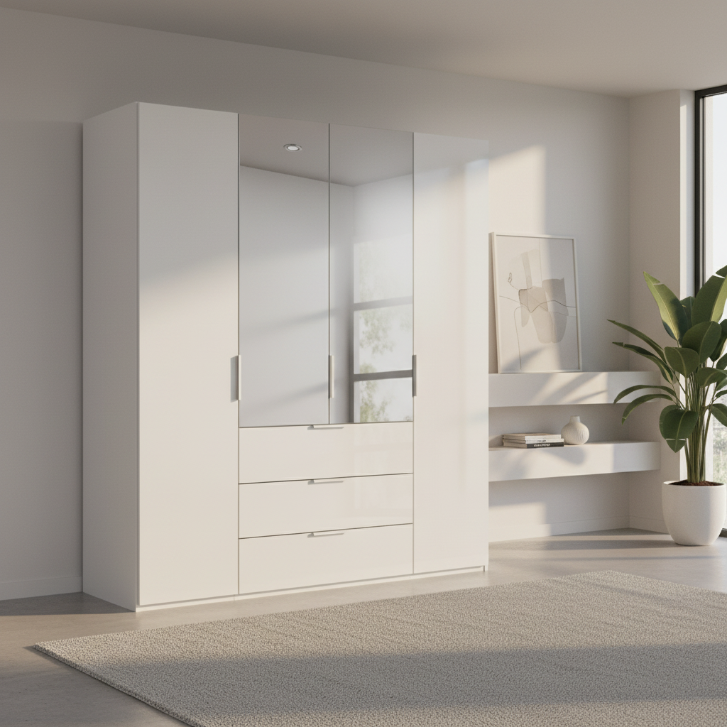 Rauch Heaven 200cm 4 Door Combi Wardrobe with 2 Glass Doors and 2 Mirror Doors in Silk Grey styled in a modern bedroom