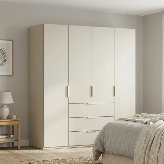 Rauch Haven 4 Door Combi Wardrobe with Décor Doors - Styled in a Bedroom