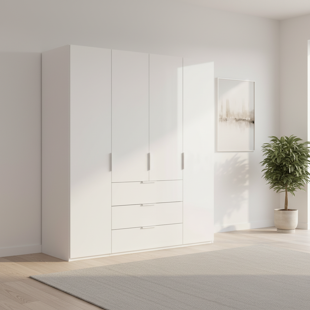 Rauch Heaven 200cm 4 Door Combi Wardrobe with Décor Doors in Alpine white styled in a modern bedroom