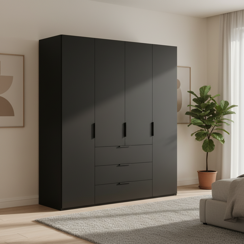 Rauch Heaven 200cm 4 Door Combi Wardrobe with Décor Doors in Black styled in a modern bedroom