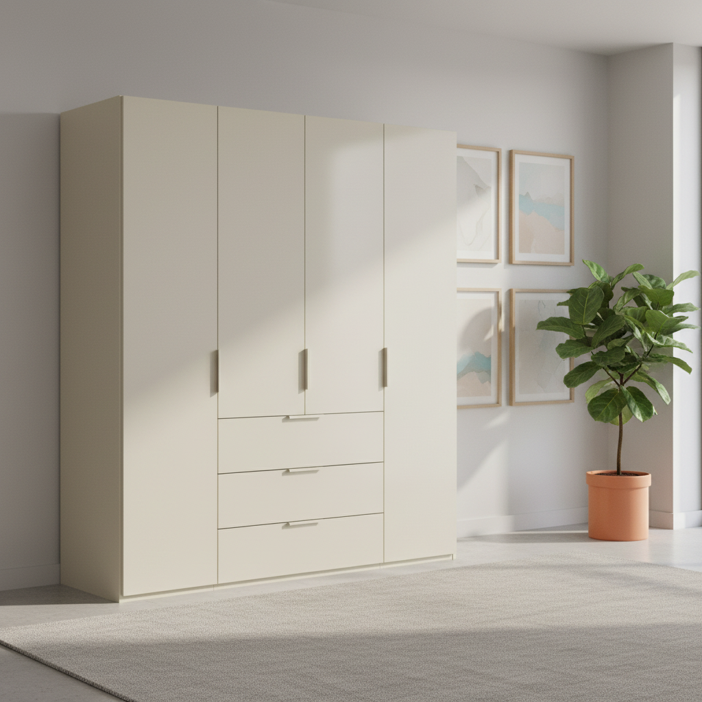 Rauch Heaven 200cm 4 Door Combi Wardrobe with Décor Doors in Champagne styled in a modern bedroom
