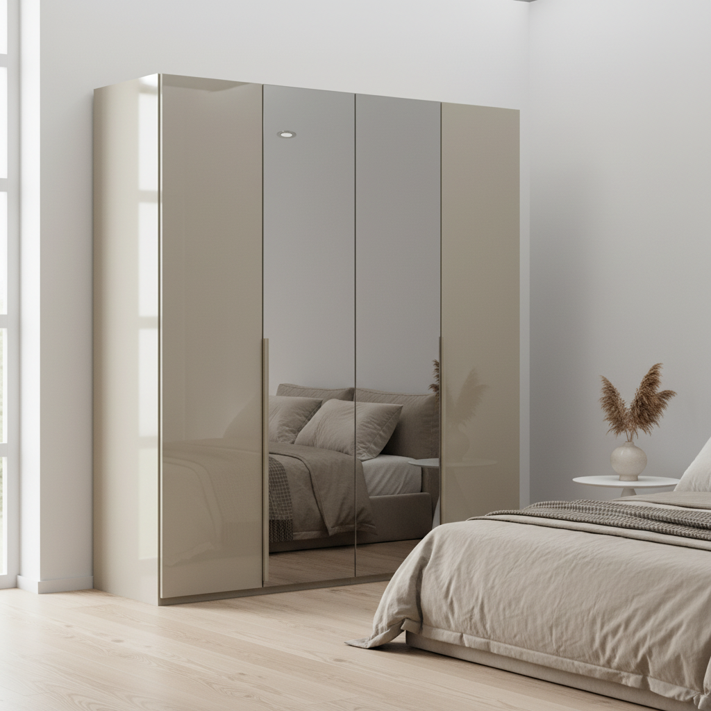 Rauch Heaven 200cm 4 Door Hinged Wardrobe with 2 Glass Doors and 2 Mirror Doors in Fango styled in a modern bedroom