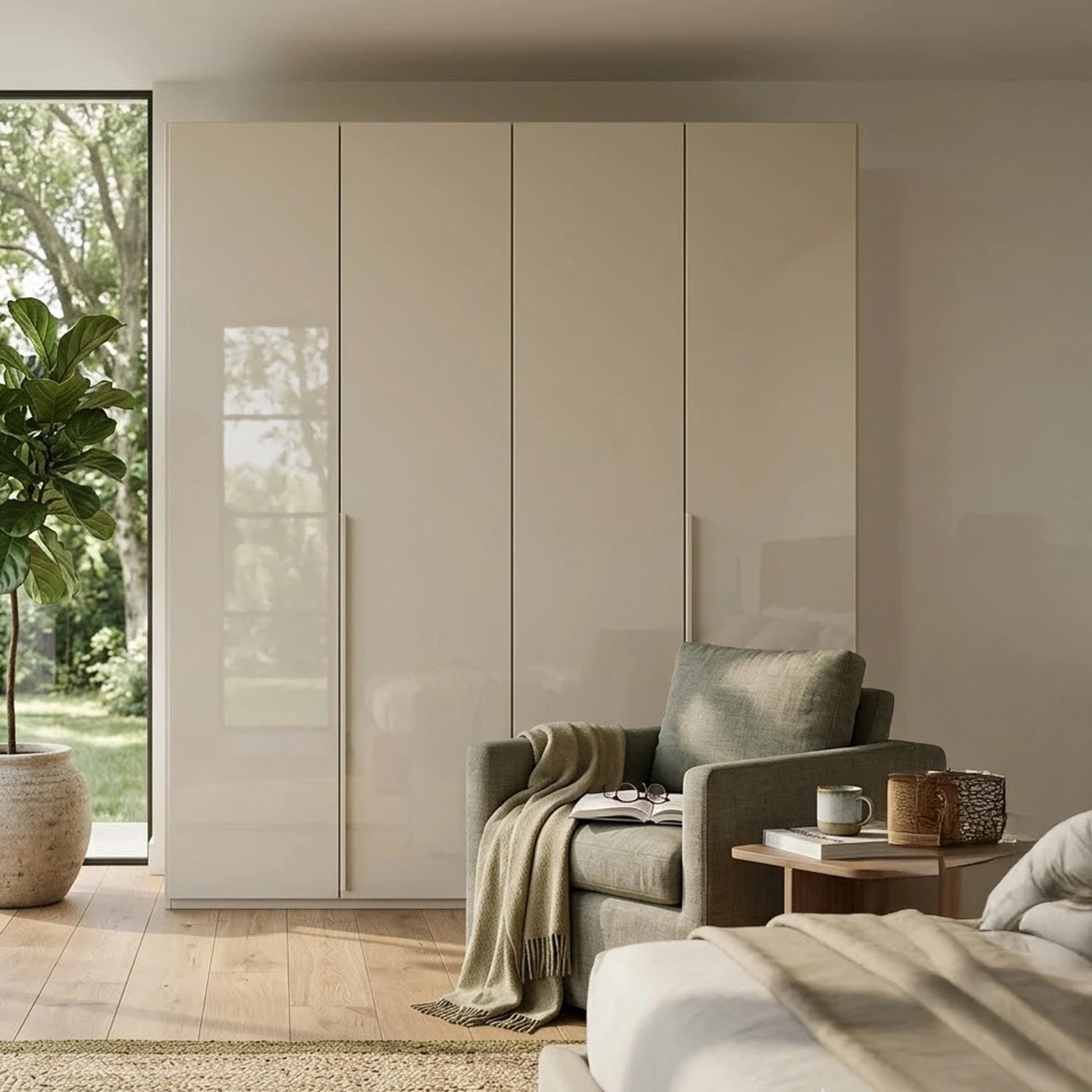 Rauch Haven 4 Door Hinged Wardrobe with Glass Doors - Styled in a Bedroom