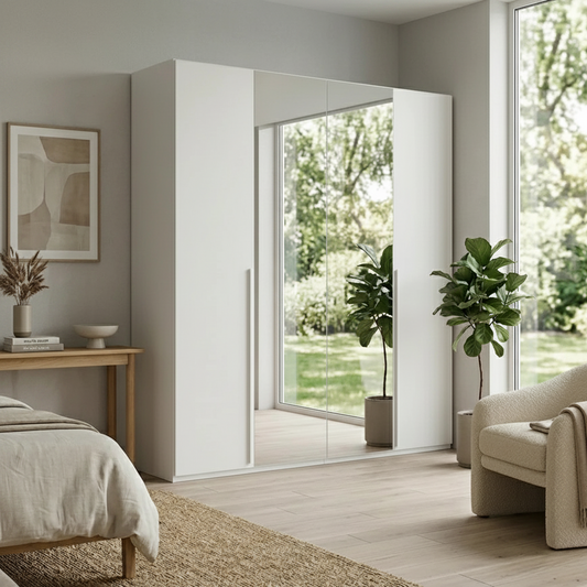 Rauch Heaven 201cm 4 Door Hinged Wardrobe with 2 Décor Doors and 2 Mirror Doors in White styled in a modern bedroom