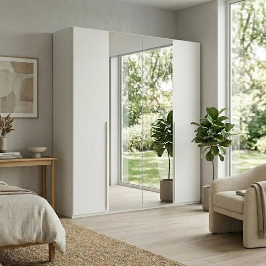 Rauch Haven 4 Door Hinged Wardrobe with 2 Décor Doors and 2 Mirror Doors - Styled in a Bedroom