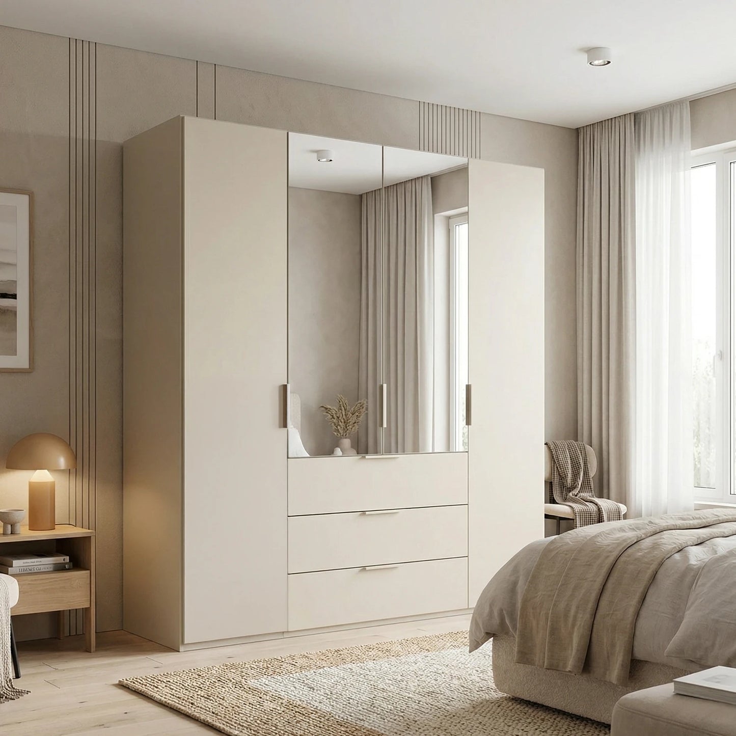 Rauch Heaven 4 Door Combi Décor Wardrobe with 2 Décor Doors and 2 Mirror Doors - Styled in a Bedroom
