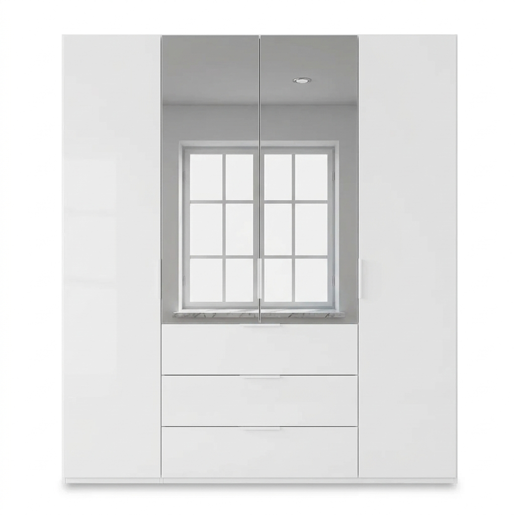 Rauch Haven 4 Door Combi Décor Wardrobe with 2 Décor Doors and 2 Mirror Doors in White - Front view