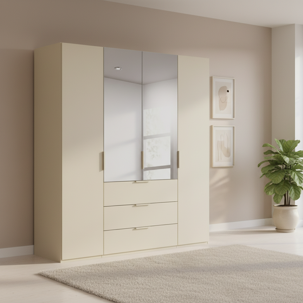 Rauch Heaven 200cm 4 Door Combi Décor Wardrobe with 2 Décor Doors and 2 Mirror Doors in Champagne styled in a modern bedroom