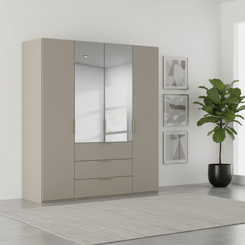 Rauch Heaven 200cm 4 Door Combi Décor Wardrobe with 2 Décor Doors and 2 Mirror Doors in Fango styled in a modern bedroom