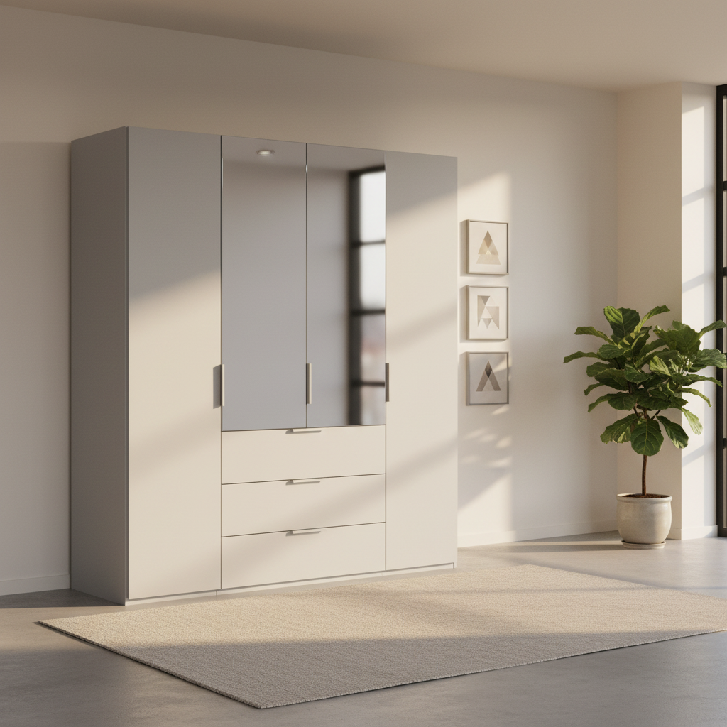 Rauch Heaven 200cm 4 Door Combi Décor Wardrobe with 2 Décor Doors and 2 Mirror Doors in Silk Grey styled in a modern bedroom