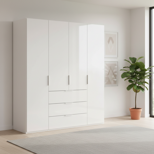 Rauch Heaven 200cm 4 Door Combi Wardrobe with Glass Doors in Alpine White styled in a modern bedroom