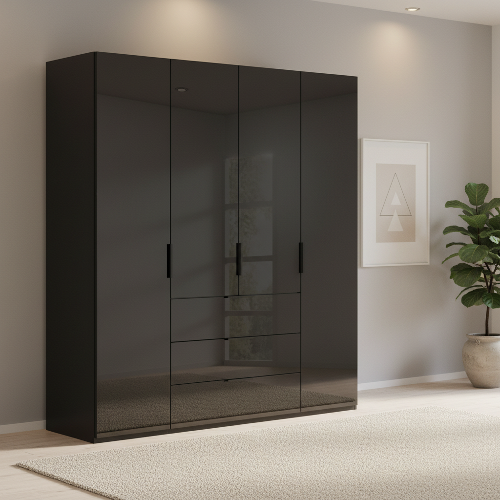 Rauch Heaven 200cm 4 Door Combi Wardrobe with Glass Doors in Black styled in a modern bedroom