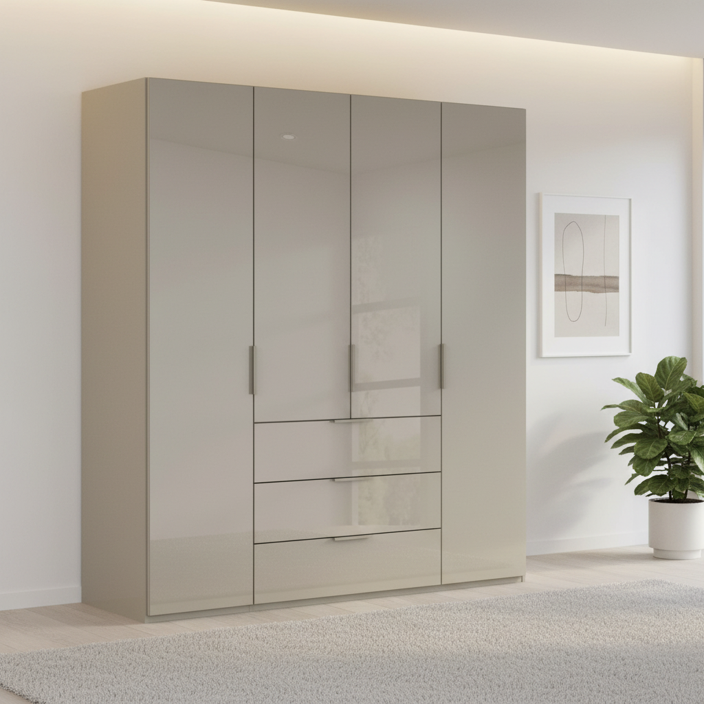 Rauch Heaven 200cm 4 Door Combi Wardrobe with Glass Doors in Fango styled in a modern bedroom