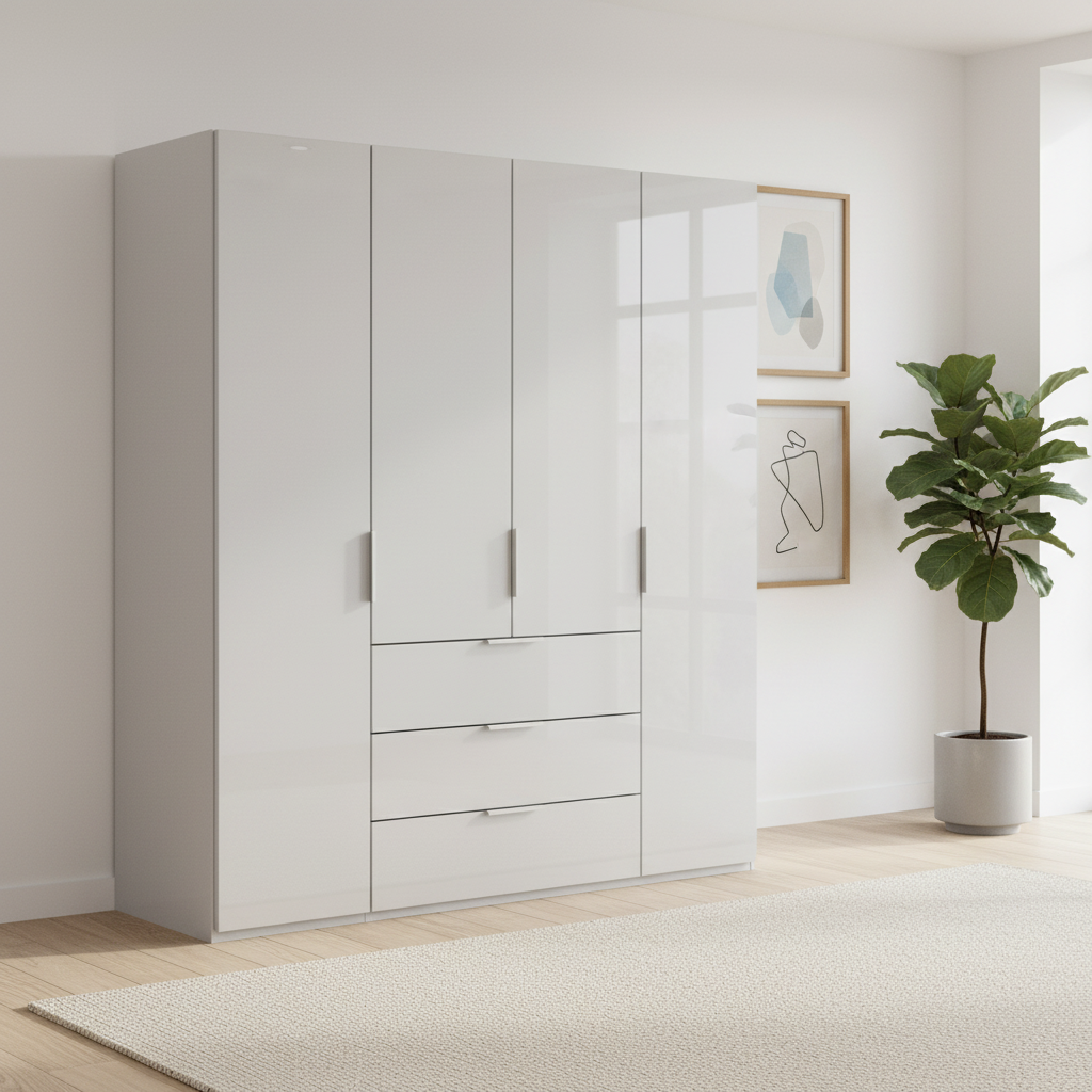 Rauch Heaven 200cm 4 Door Combi Wardrobe with Glass Doors in Silk Grey styled in a modern bedroom