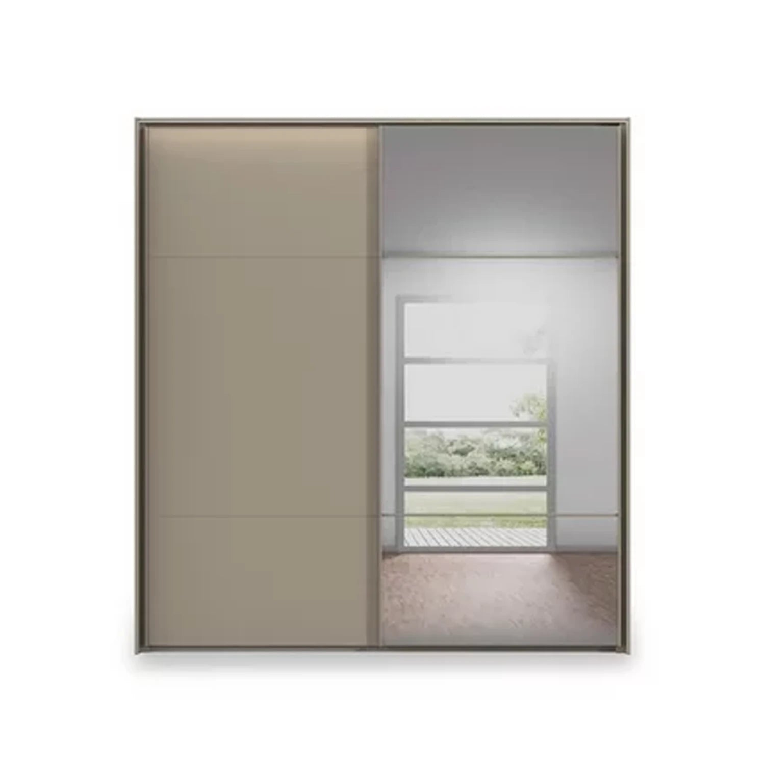 Rauch Haven 2 Door Slider Wardrobe with 1 Décor Door, 1 Mirror Door and Lights - Front view
