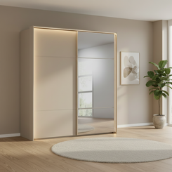 Rauch Heaven 200cm 2 Door Slider Wardrobe with 1 Décor Door, 1 Mirror Door and Lights in Fango styled in a modern bedroom