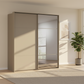 Rauch Heaven 200cm 2 Door Slider Wardrobe with 1 Décor Door and 1 Mirror Door in Fango styled in a modern bedroom