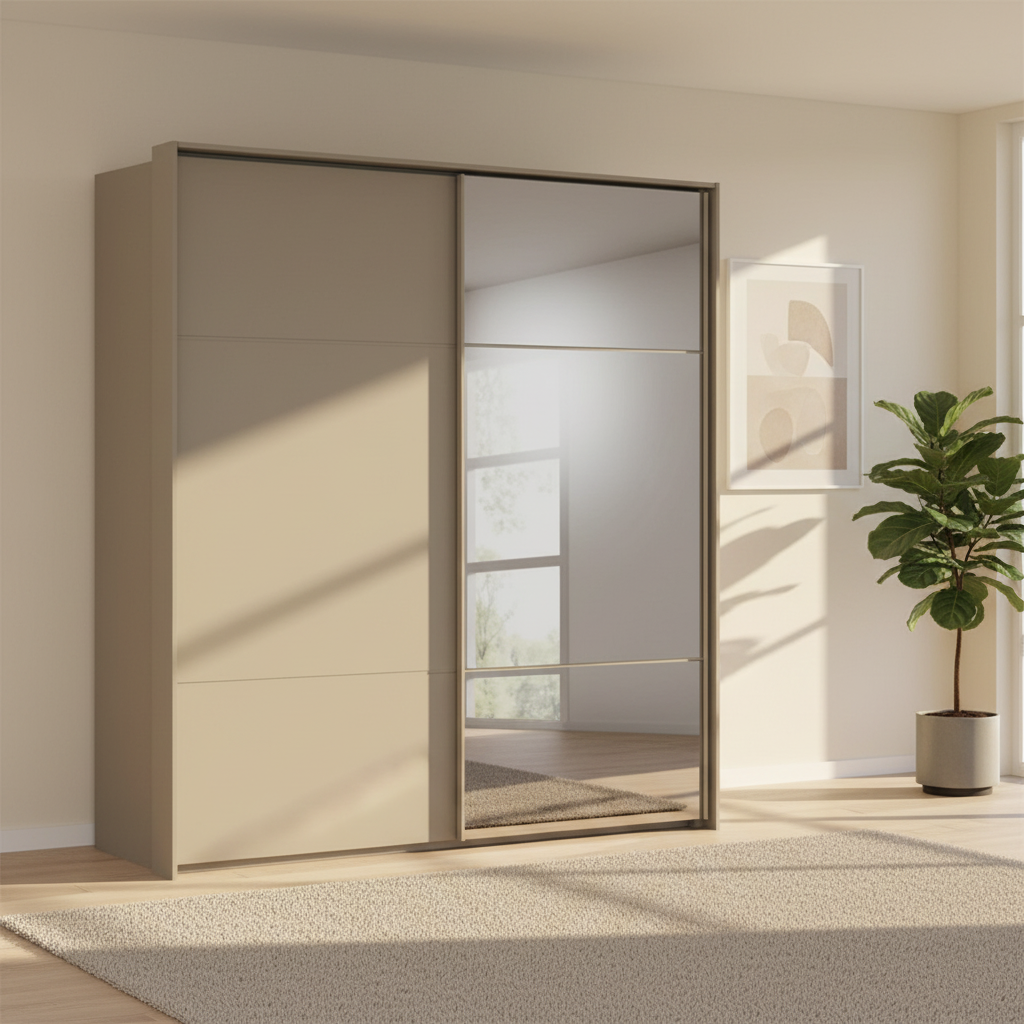 Rauch Heaven 200cm 2 Door Slider Wardrobe with 1 Décor Door and 1 Mirror Door in Fango styled in a modern bedroom