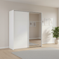 Rauch Heaven 200cm 2 Door Slider Wardrobe with 1 Décor Door and 1 Mirror Door in Alpine White styled in a modern bedroom