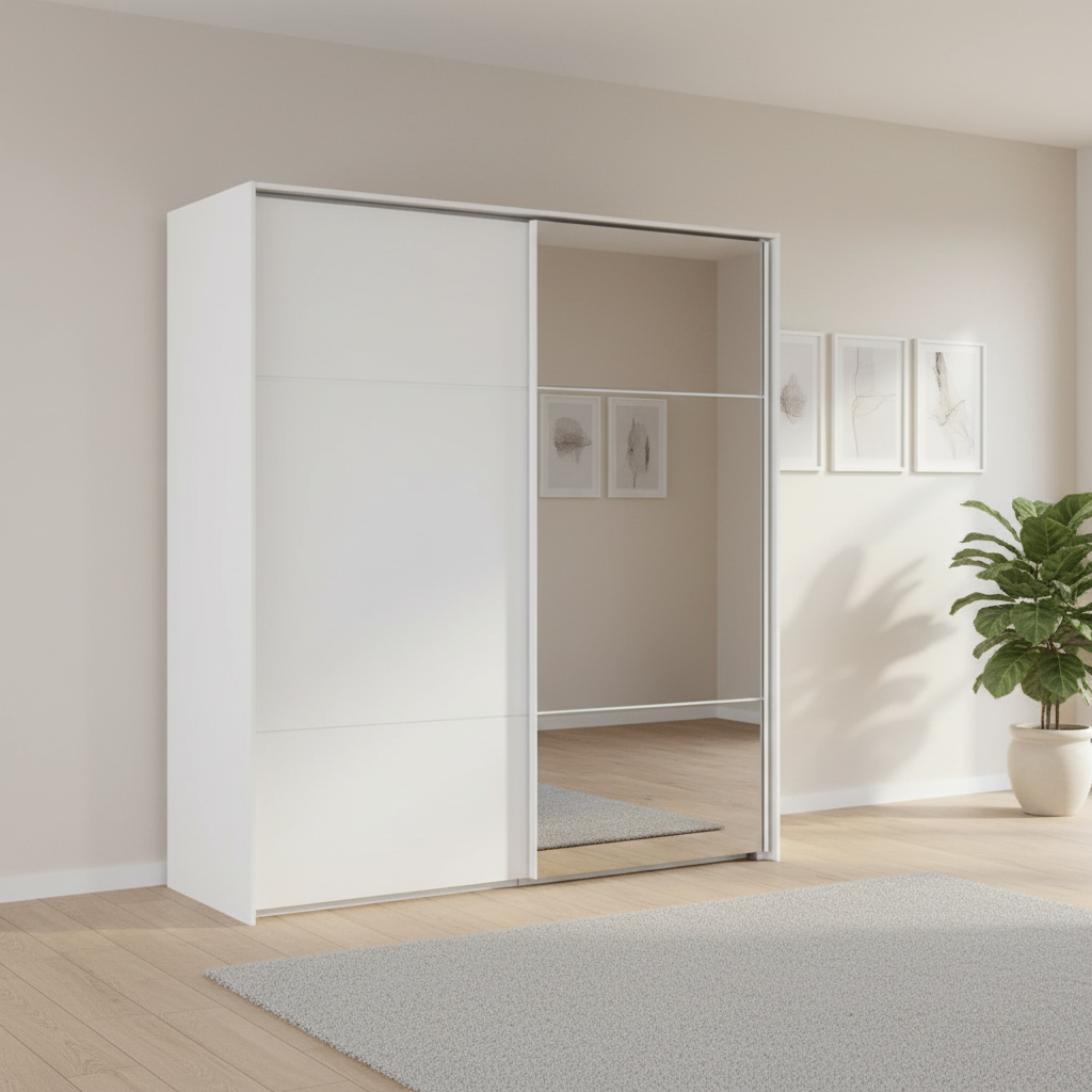 Rauch Heaven 200cm 2 Door Slider Wardrobe with 1 Décor Door and 1 Mirror Door in Alpine White styled in a modern bedroom