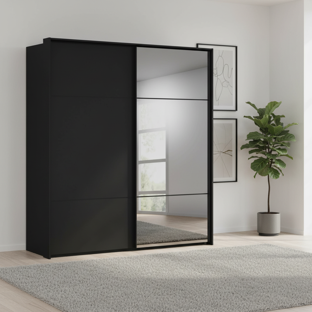 Rauch Heaven 200cm 2 Door Slider Wardrobe with 1 Décor Door and 1 Mirror Door in Black styled in a modern bedroom
