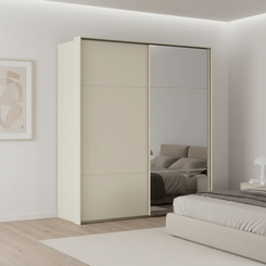 Rauch Heaven 200cm 2 Door Slider Wardrobe with 1 Décor Door and 1 Mirror Door in Champagne styled in a modern bedroom