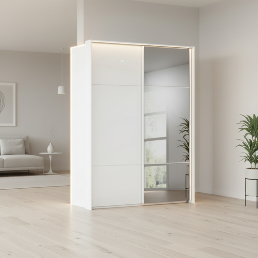 Rauch Heaven 160cm 2 Door Slider Wardrobe with 1 Glass Door, 1 Mirror Door and Lights in Alpine White styled in a modern bedroom