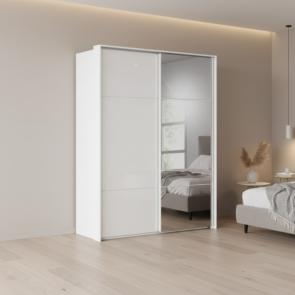 Rauch Heaven 200cm 2 Door Slider Wardrobe with 1 Glass Door and 1 Mirror Door in Alpine White styled in a modern bedroom