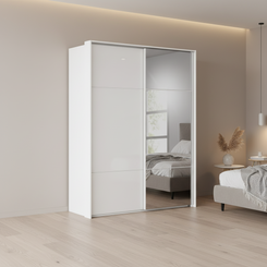 Rauch Heaven 200cm 2 Door Slider Wardrobe with 1 Glass Door and 1 Mirror Door in Alpine White styled in a modern bedroom
