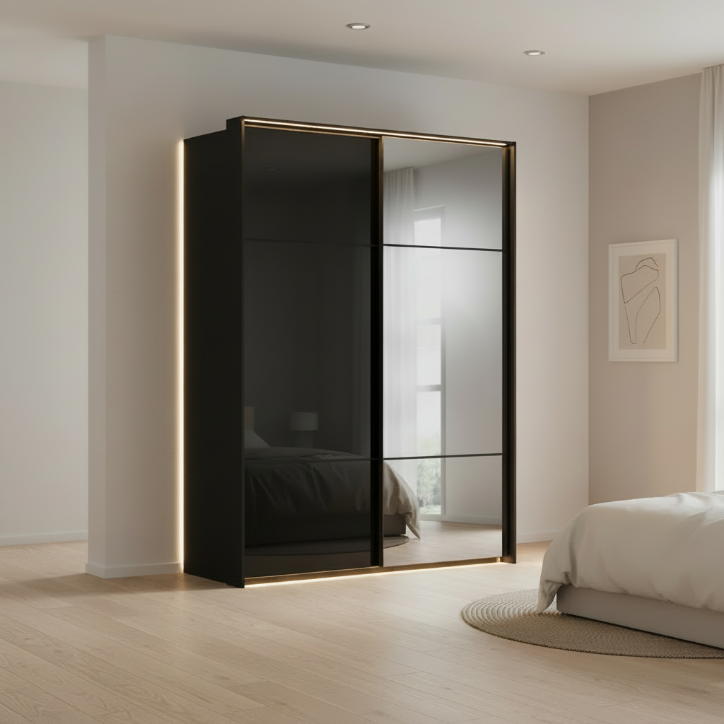 Rauch Heaven 160cm 2 Door Slider Wardrobe with 1 Glass Door, 1 Mirror Door and Lights in Black styled in a modern bedroom