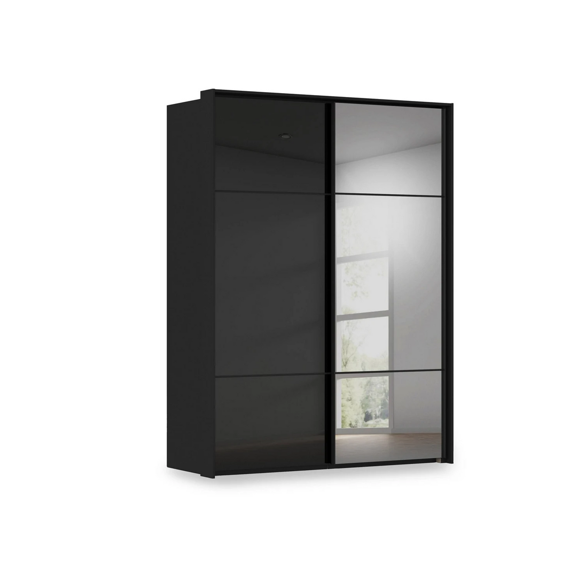 Rauch Haven 2 Door Slider Wardrobe with 1 Glass Door, 1 Mirror Door and Lights in Black