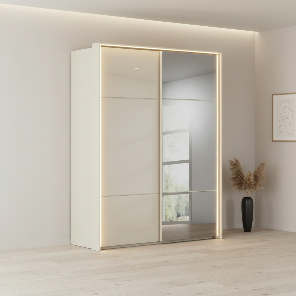 Rauch Heaven 160cm 2 Door Slider Wardrobe with 1 Glass Door, 1 Mirror Door and Lights in Champagne styled in a modern bedroom