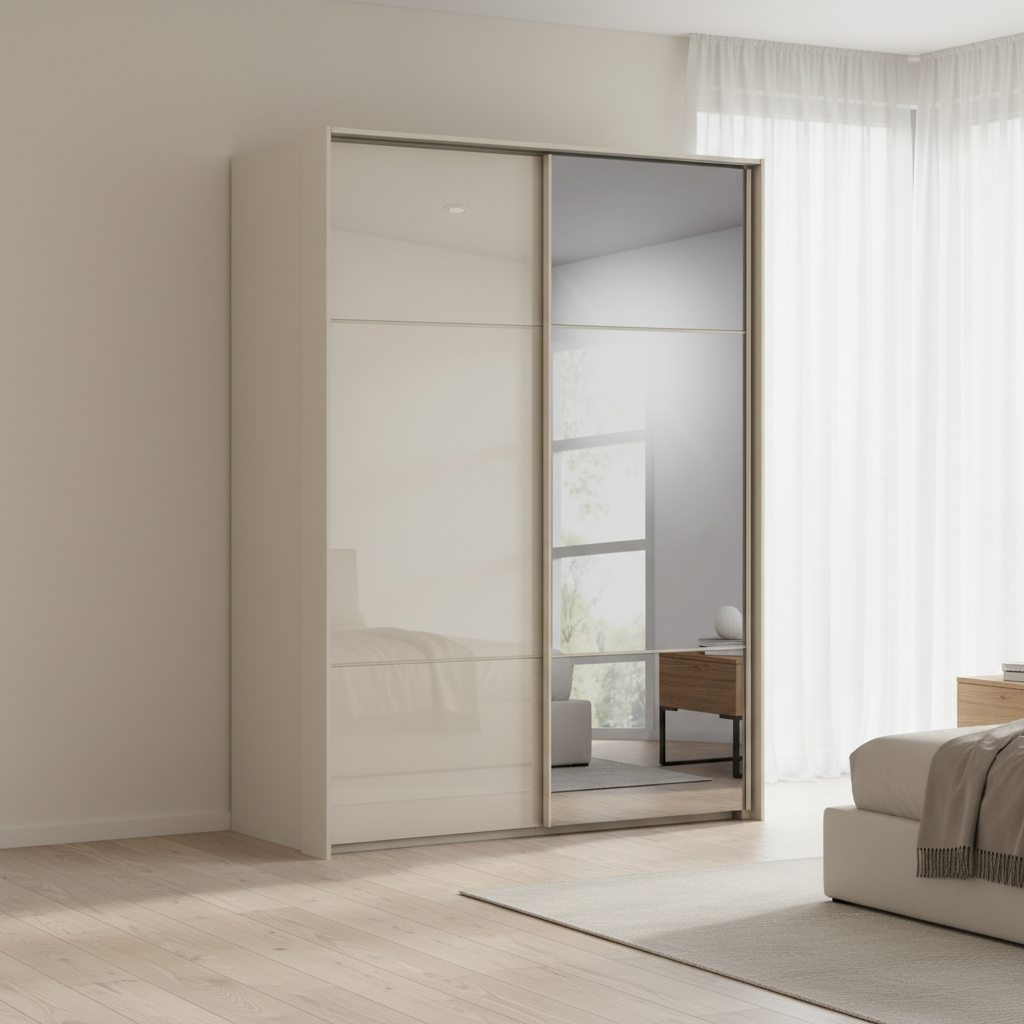 Rauch Heaven 200cm 2 Door Slider Wardrobe with 1 Glass Door and 1 Mirror Door in Champagne styled in a modern bedroom