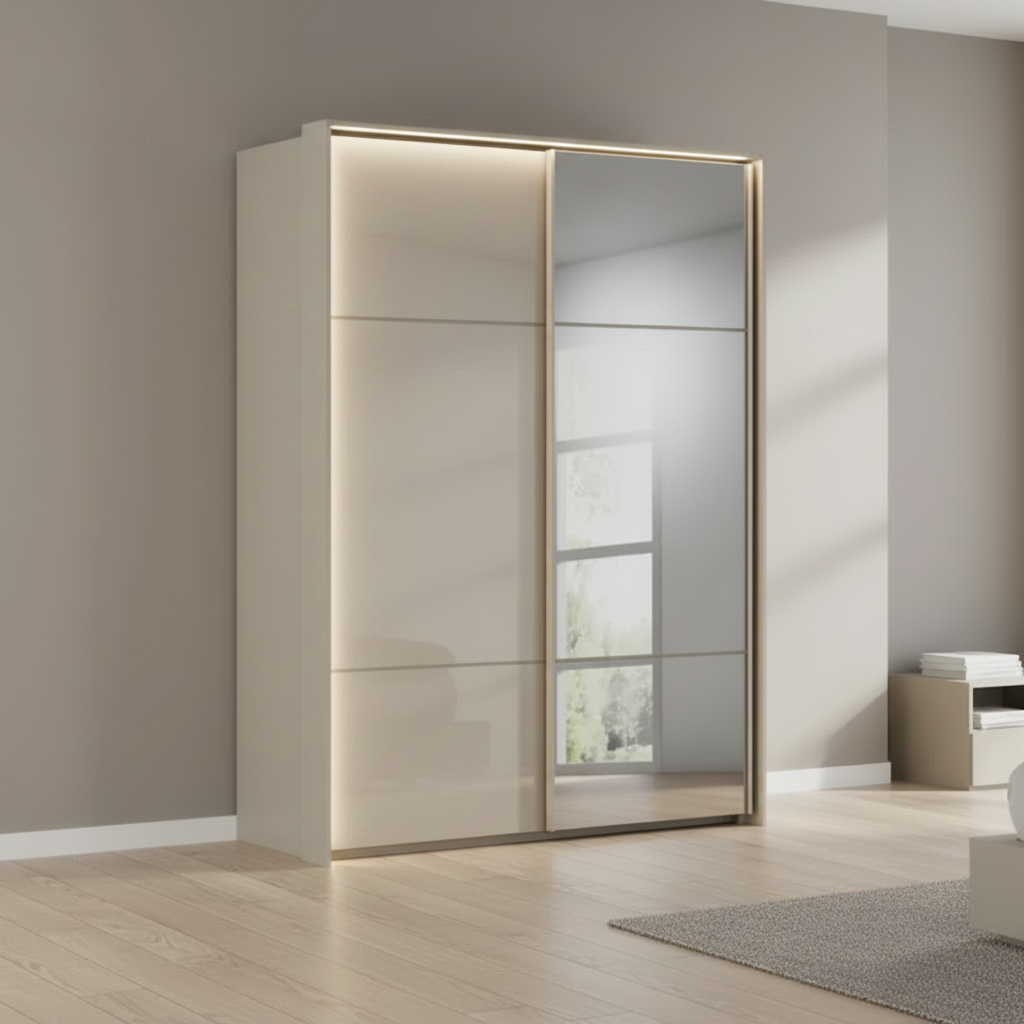 Rauch Heaven 160cm 2 Door Slider Wardrobe with 1 Glass Door, 1 Mirror Door and Lights in Fano styled in a modern bedroom