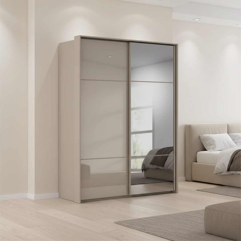 Rauch Heaven 200cm 2 Door Slider Wardrobe with 1 Glass Door and 1 Mirror Door in Fango styled in a modern bedroom