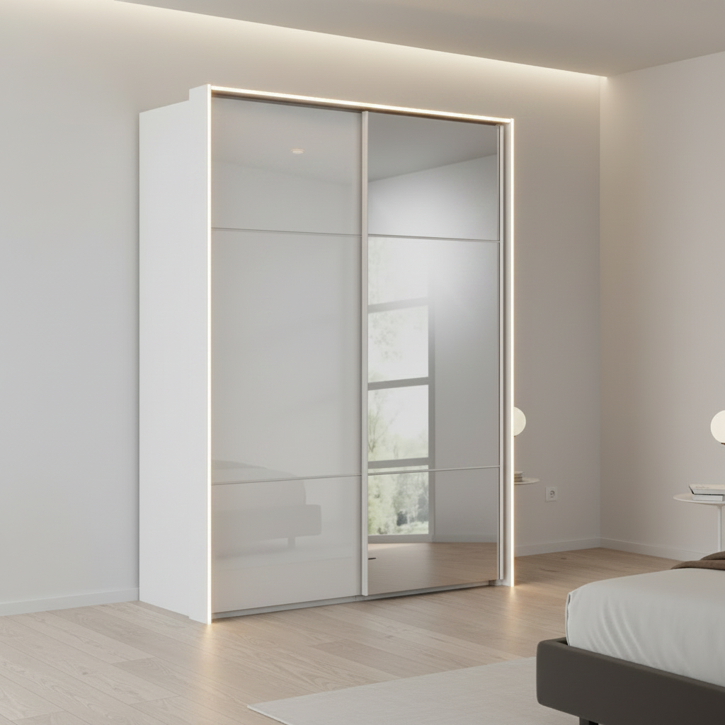 Rauch Heaven 160cm 2 Door Slider Wardrobe with 1 Glass Door, 1 Mirror Door and Lights in Silk Grey styled in a modern bedroom