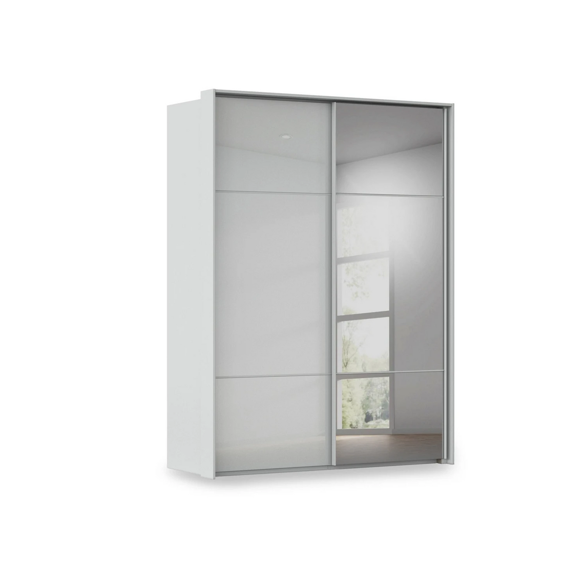 Rauch Haven 2 Door Slider Wardrobe with 1 Glass Door, 1 Mirror Door and Lights in Silk Grey