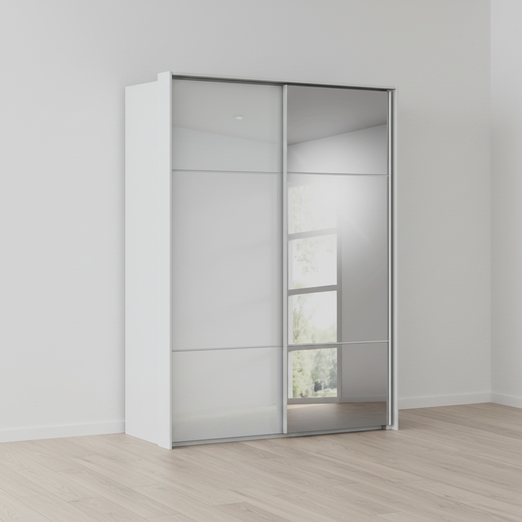 Rauch Heaven 200cm 2 Door Slider Wardrobe with 1 Glass Door and 1 Mirror Door in Silk Grey styled in a modern bedroom