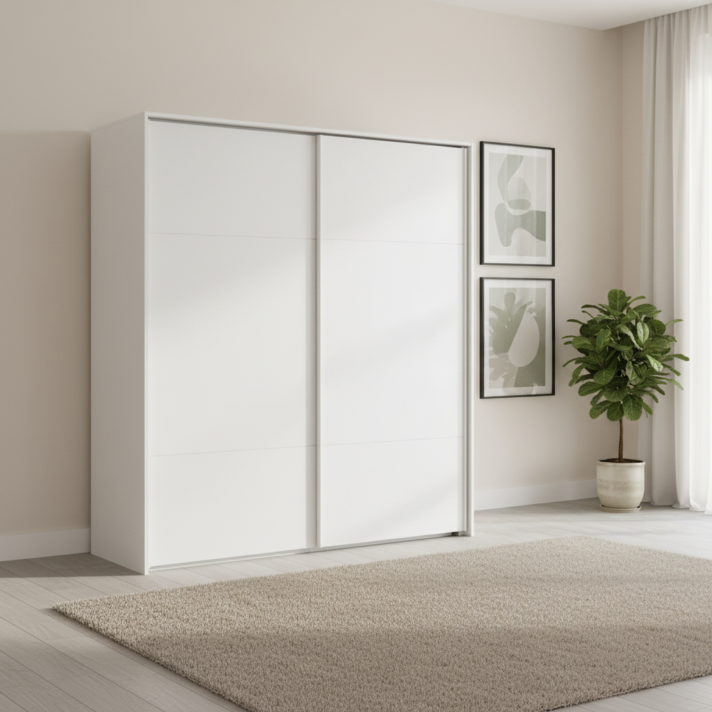 Rauch Haven 200cm 2 Door Slider Wardrobe with Décor Doors in Alpine White styled in a modern bedroom