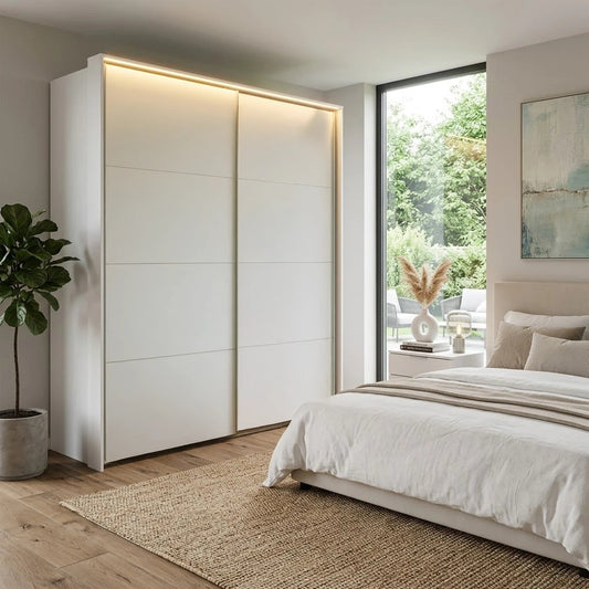 Rauch Haven 2 Door Slider Wardrobe with Décor Doors - Styled in a Bedroom