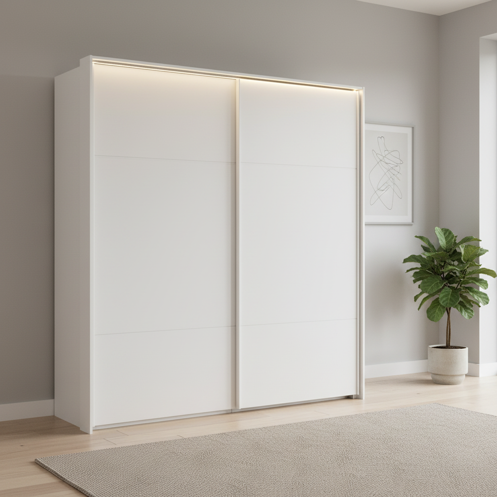 Rauch Heaven 200cm 2 Door Slider Wardrobe with Décor Doors and Lights in Alpine White styled in a modern bedroom