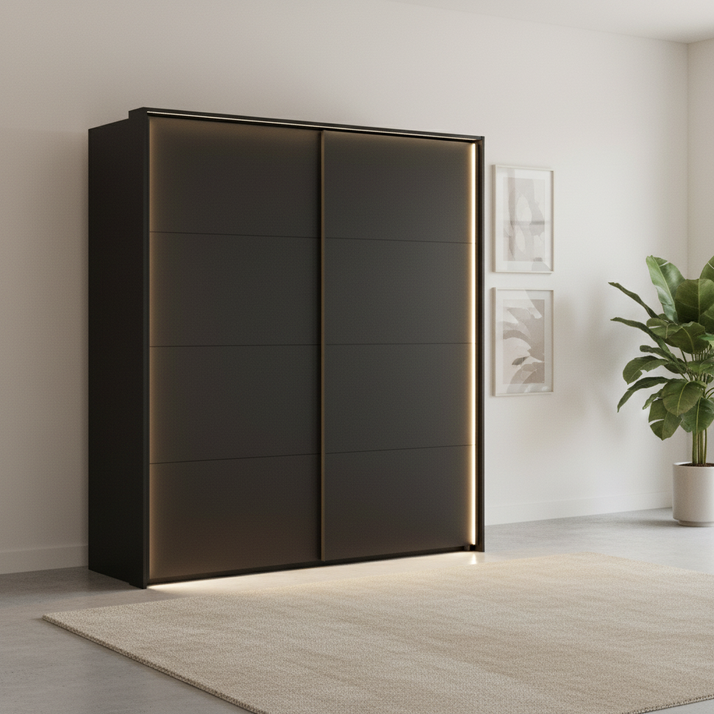 Rauch Heaven 200cm 2 Door Slider Wardrobe with Décor Doors and Lights in Black styled in a modern bedroom