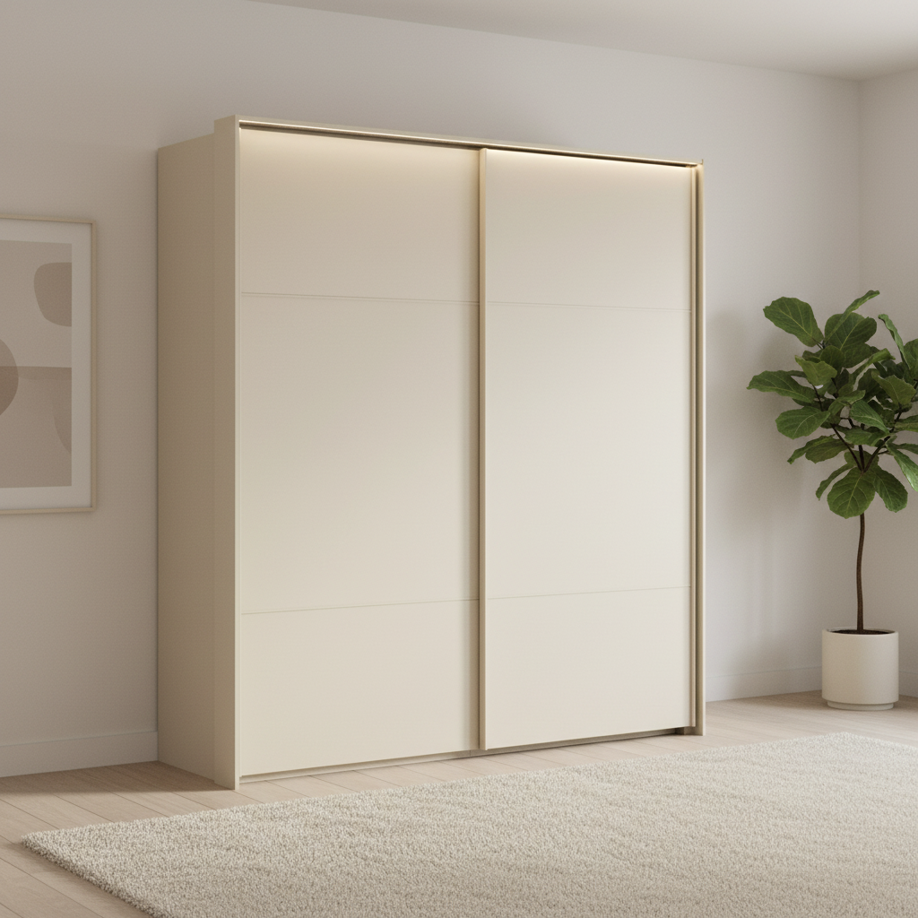 Rauch Heaven 200cm 2 Door Slider Wardrobe with Décor Doors and Lights in Champagne styled in a modern bedroom