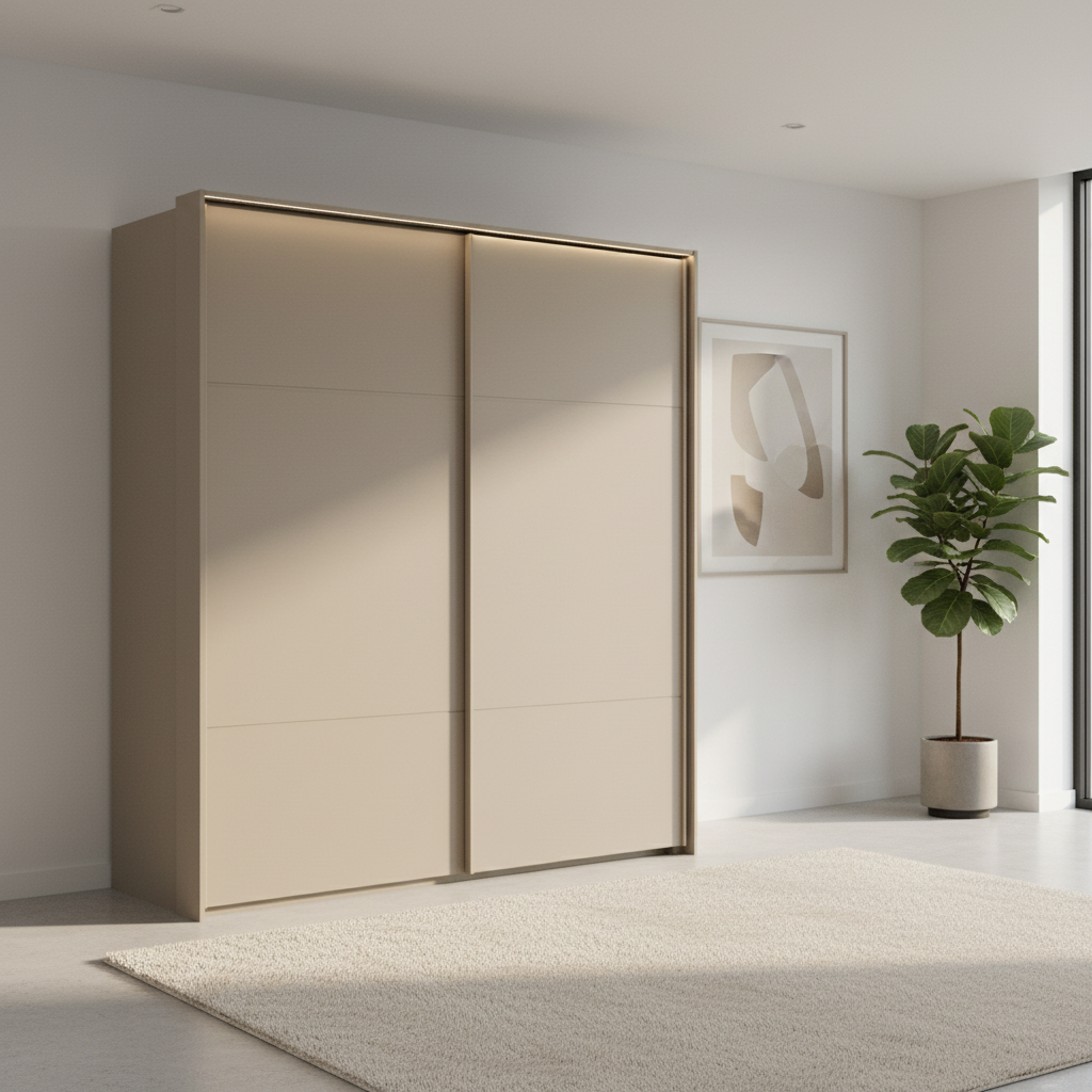 Rauch Heaven 200cm 2 Door Slider Wardrobe with Décor Doors and Lights in Fango styled in a modern bedroom