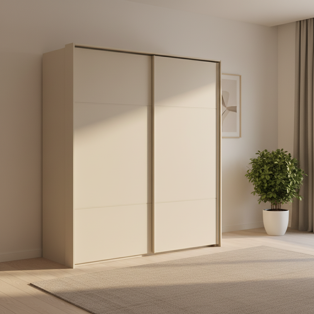 Rauch Haven 200cm 2 Door Slider Wardrobe with Décor Doors in Champagne styled in a modern bedroom