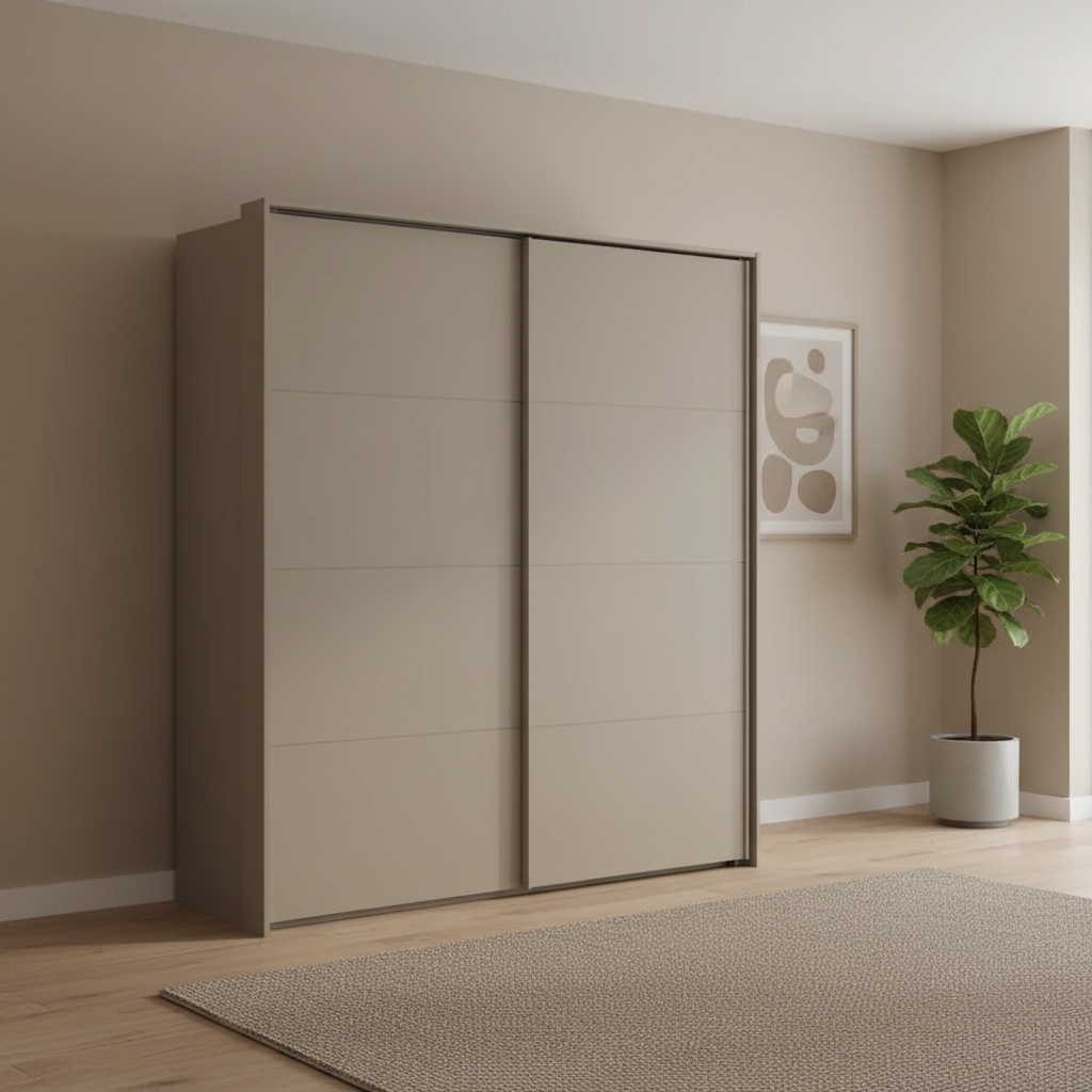 Rauch Haven 200cm 2 Door Slider Wardrobe with Décor Doors in Fango styled in a bedroom