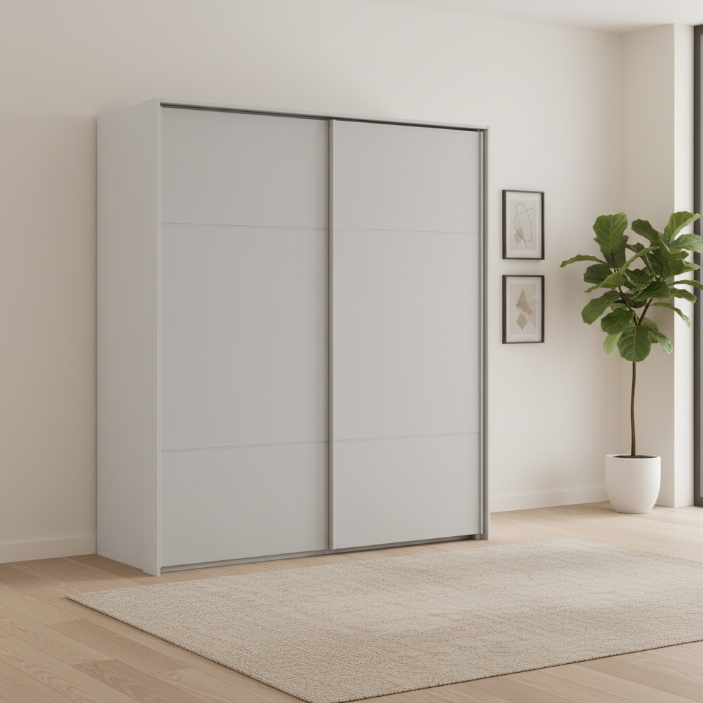 Rauch Haven 200cm 2 Door Slider Wardrobe with Décor Doors in Silk Grey styled in a modern bedroom