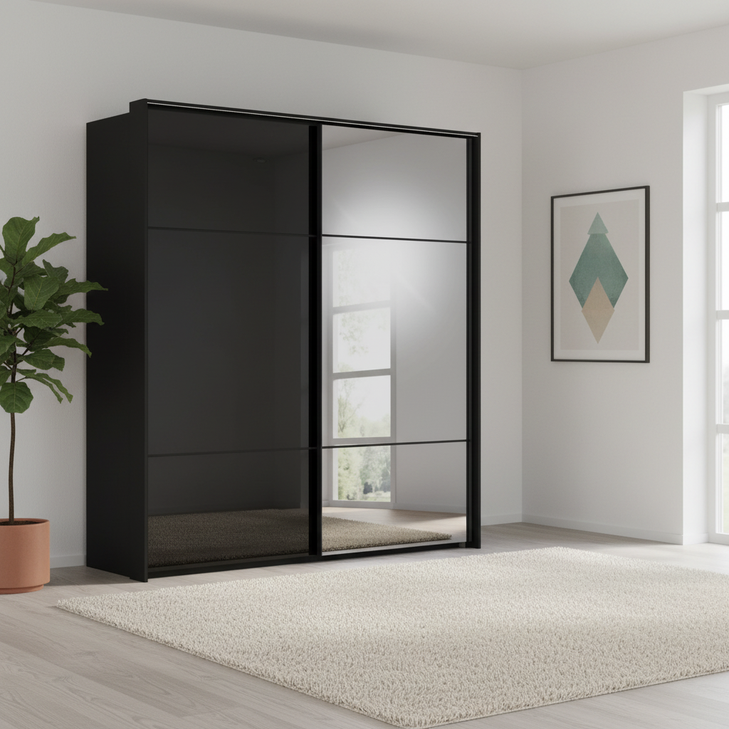 Rauch Heaven 200cm 2 Door Slider Wardrobe with 1 Glass Door, 1 Mirror Door and Lights in Black styled in a modern bedroom