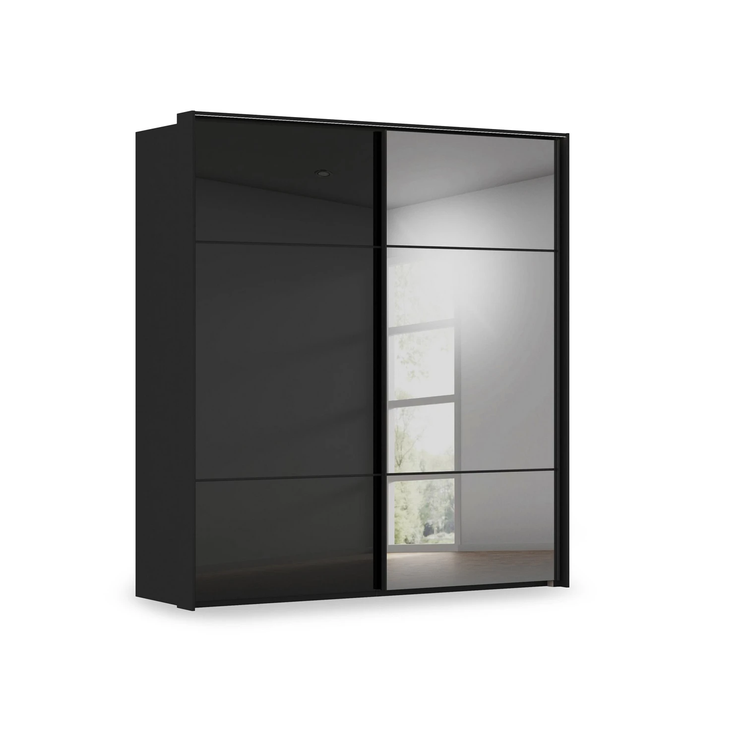 Rauch Heaven 2 Door Slider Wardrobe with 1 Glass Door, 1 Mirror Door and Lights in Black