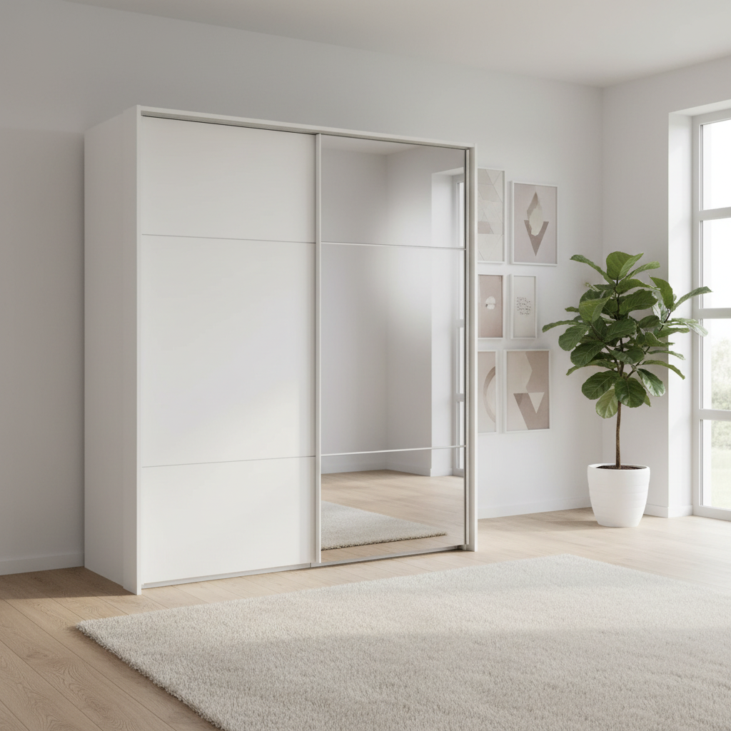 Rauch Heaven 200cm 2 Door Slider Wardrobe with 1 Glass Door, 1 Mirror Door and Lights in Alpine White styled in a modern bedroom